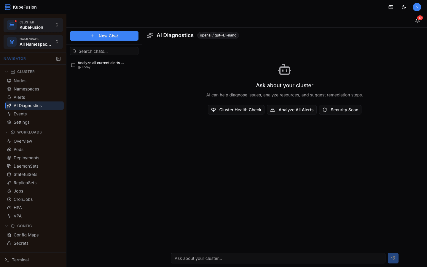 AI diagnostics chat interface for cluster analysis