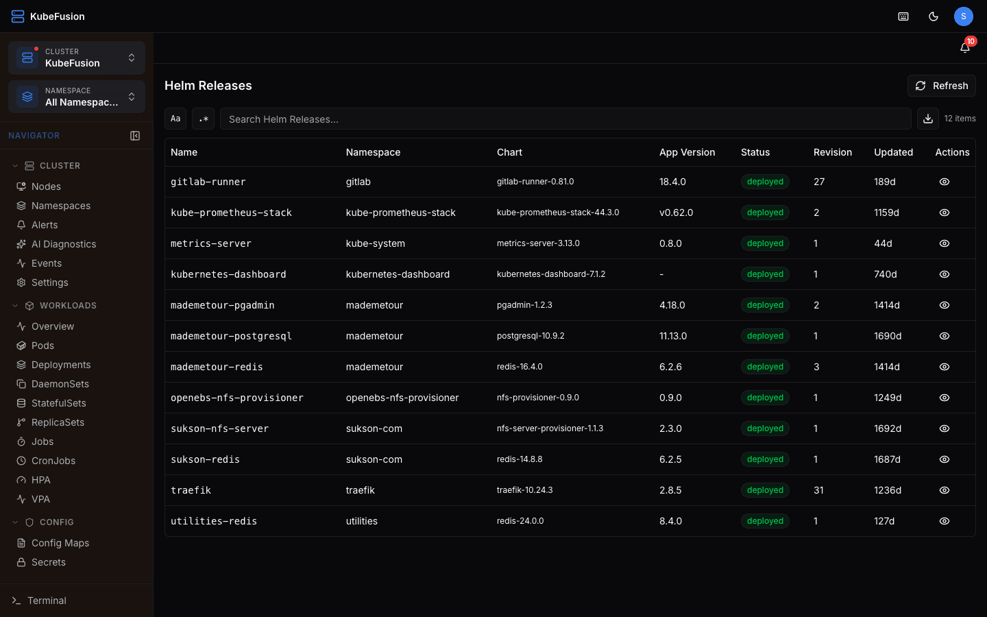 Helm releases management with status overview