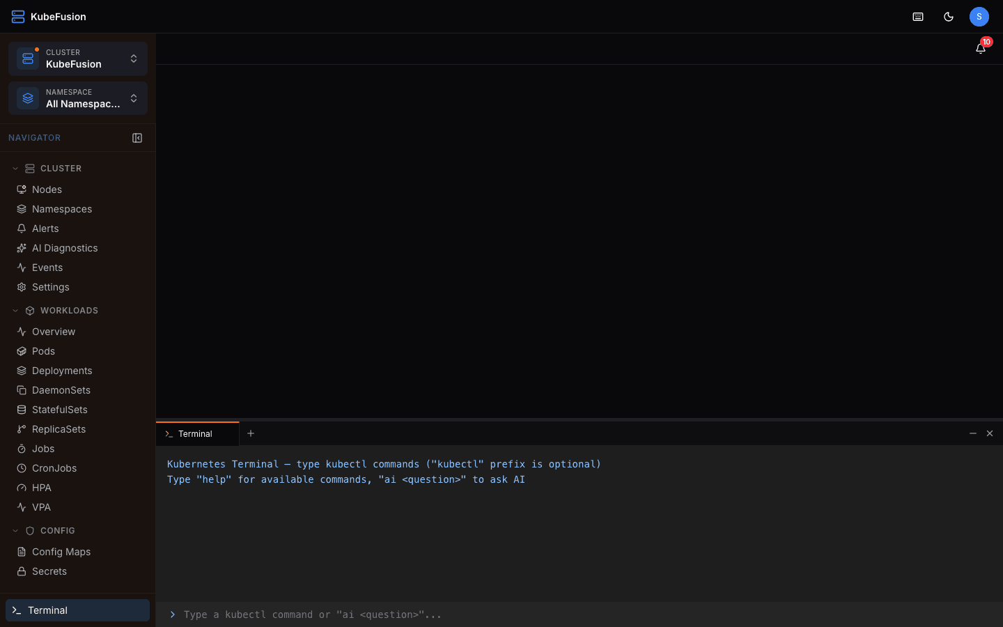 Built-in kubectl web terminal with multiple tabs